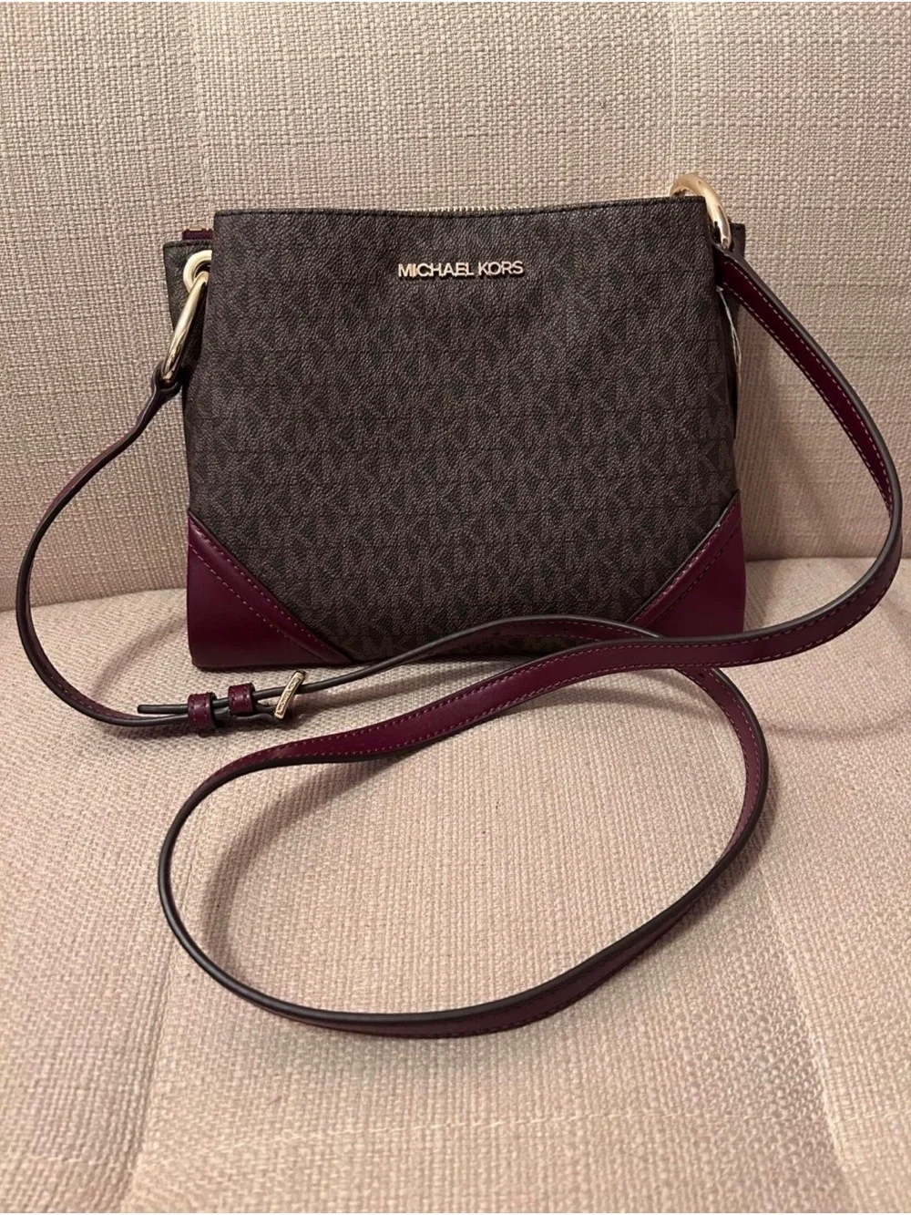 Michael Kors Brown Monogram Crossbody with Plum Accents